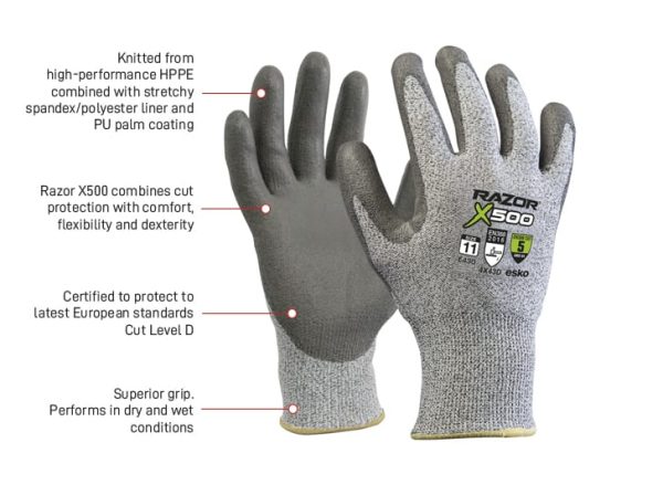 RAZOR X500, PU coated Cut Resistant Level 5 Grey HPPE Fibre Liner