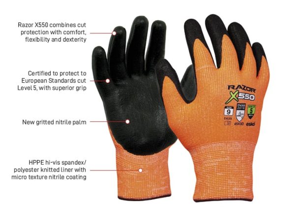 RAZOR X550, Nitrile coated Cut Resistant Level5 Orange HPPE Fibre Liner
