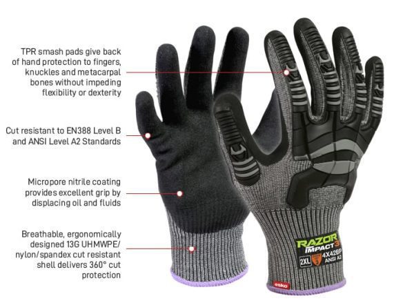 RAZOR Impact3, Cut Level B, Sandy Nitrile Coating,TPR Impact Protection