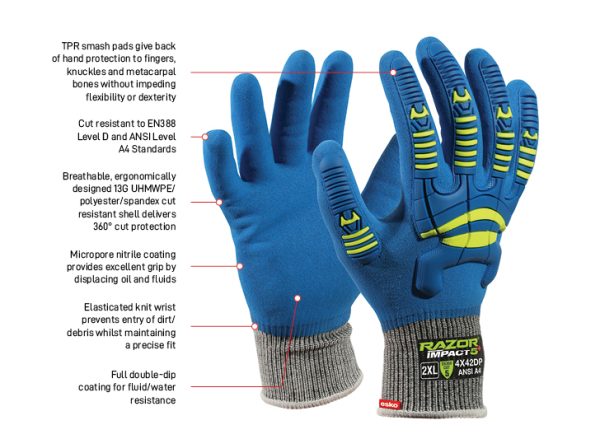 RAZOR Impact5+, Cut Level D, Full Sandy Nitrile Coating, TPR Impact Protection
