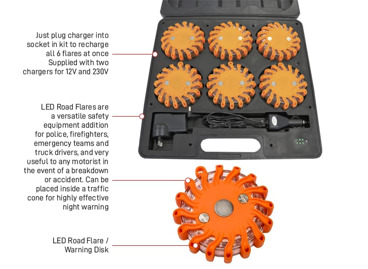 Road Flare, Kit of 6, Rechargeable, With Charger