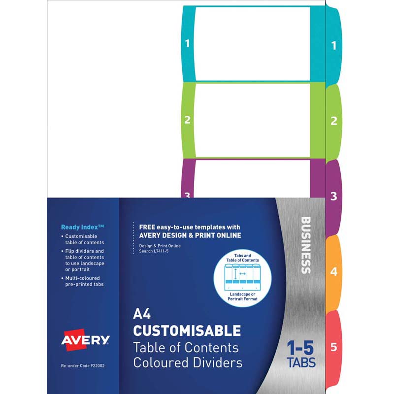 Avery Customisable Table Of Contents A4 1-5 Tabs Coloured