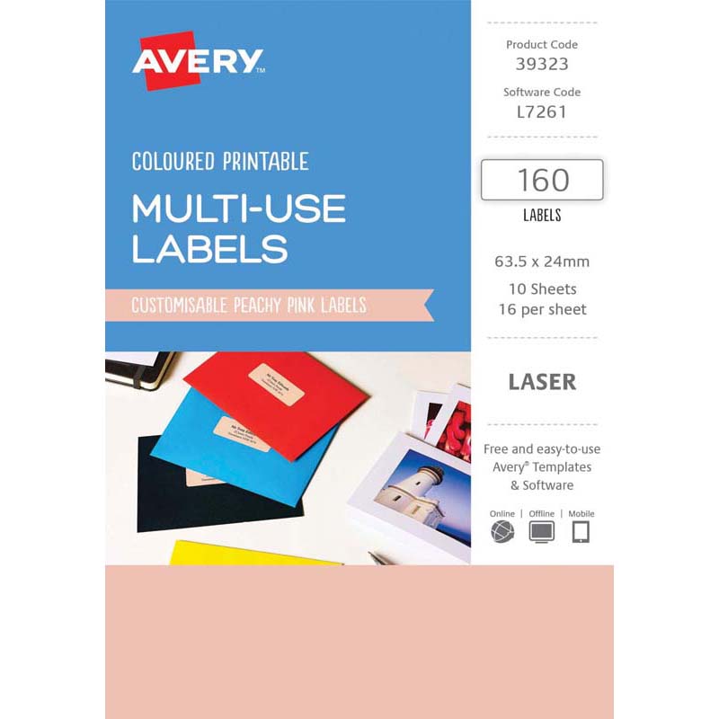 Avery Labels L7261 Peach 63.5x24mm A5 16up 10 Sheets